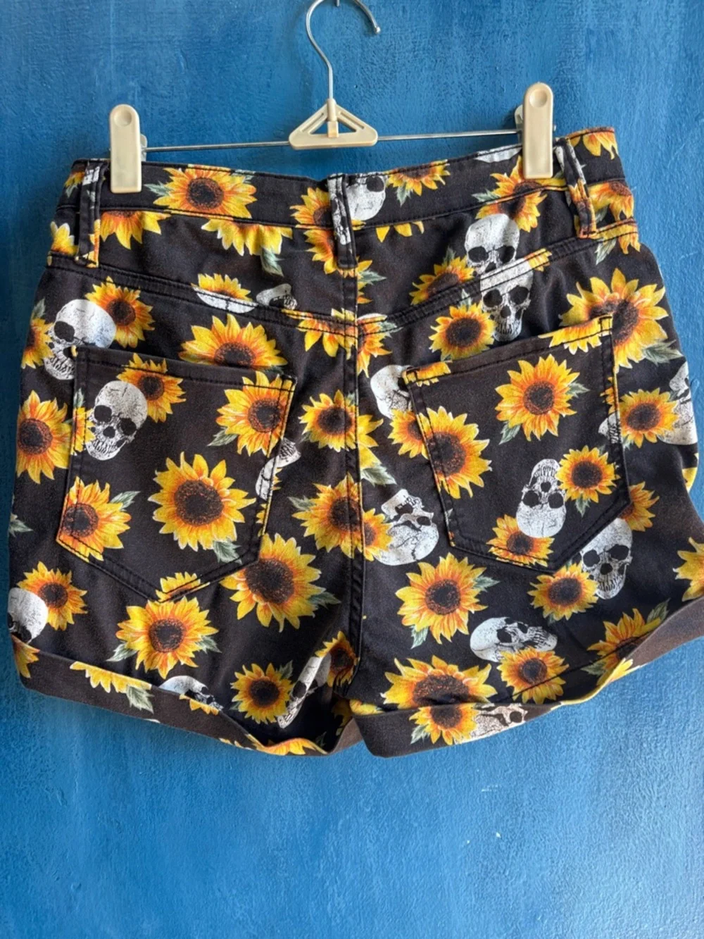 Women’s Black Sunflower & Skull Print Shorts - Picture 2 of 2